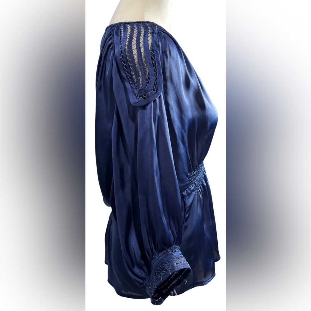 Renee C S Blue V-neck Embroidery Detail Short Sleeve Blouse - Picture 3 of 9